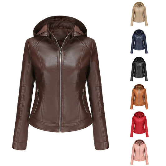 Detachable Hat Windproof Leather Jacket