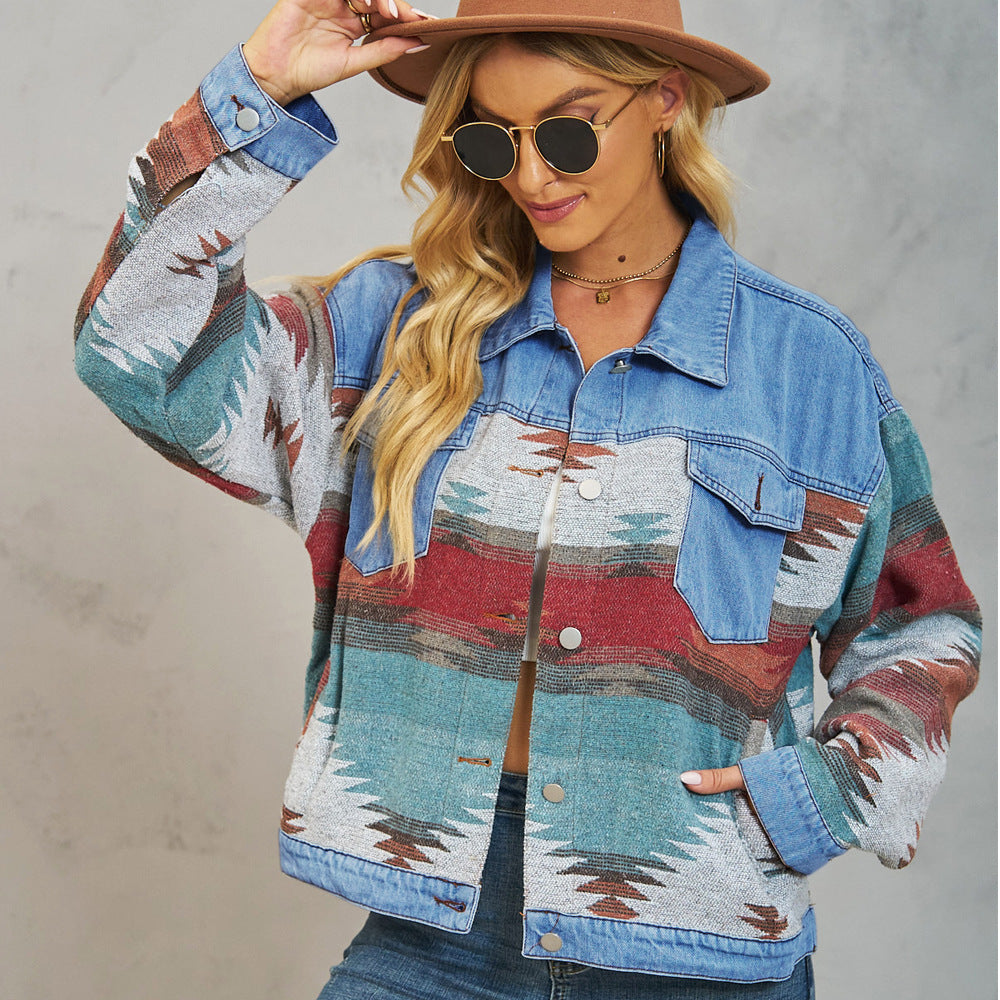 Colour-Block Denim Jacket Top