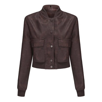 Loose Ribbed Short Leather Jacket