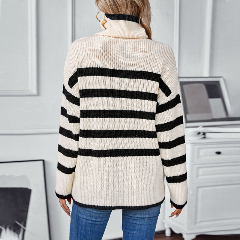 Striped Lapel Button Sweater