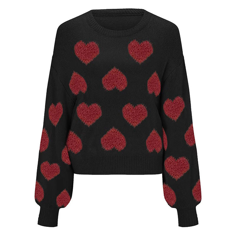 Bubble Sleeve Heart Jacquard Sweater