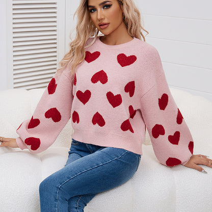 Bubble Sleeve Heart Jacquard Sweater