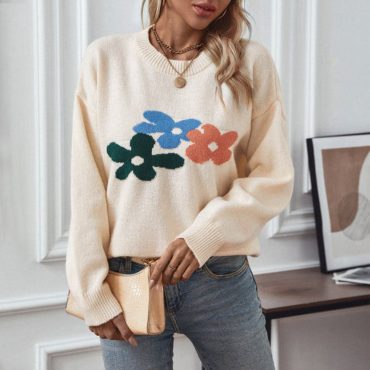 Floral Loose Casual Crew Neck Knit Top