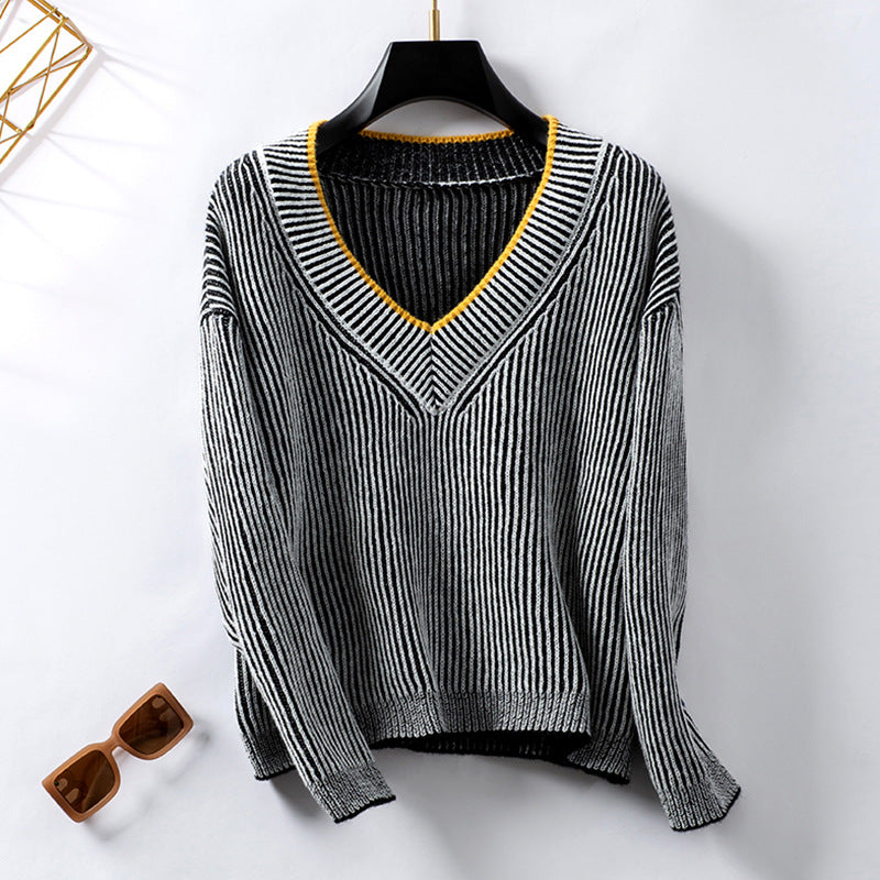 V-Neck Striped Loose Sweater