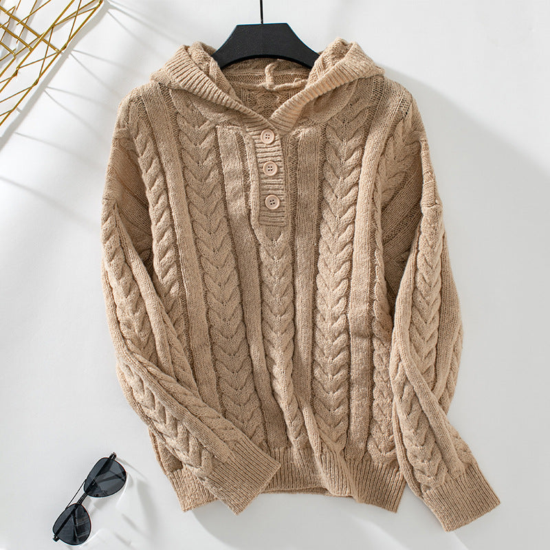 Hooded Button Twist Sweater