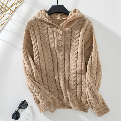 Hooded Button Twist Sweater