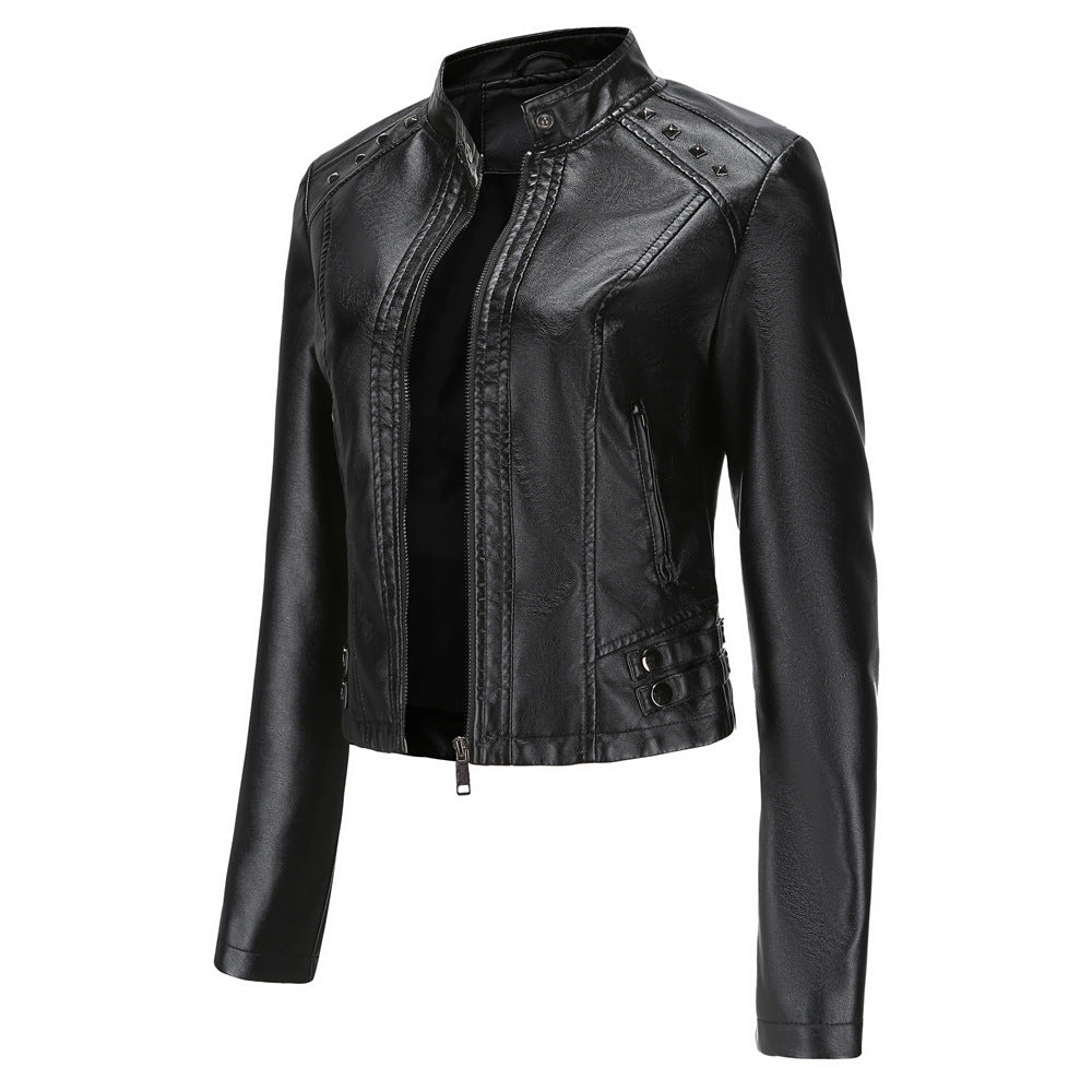 Studded Standing Collar Leather Jacket