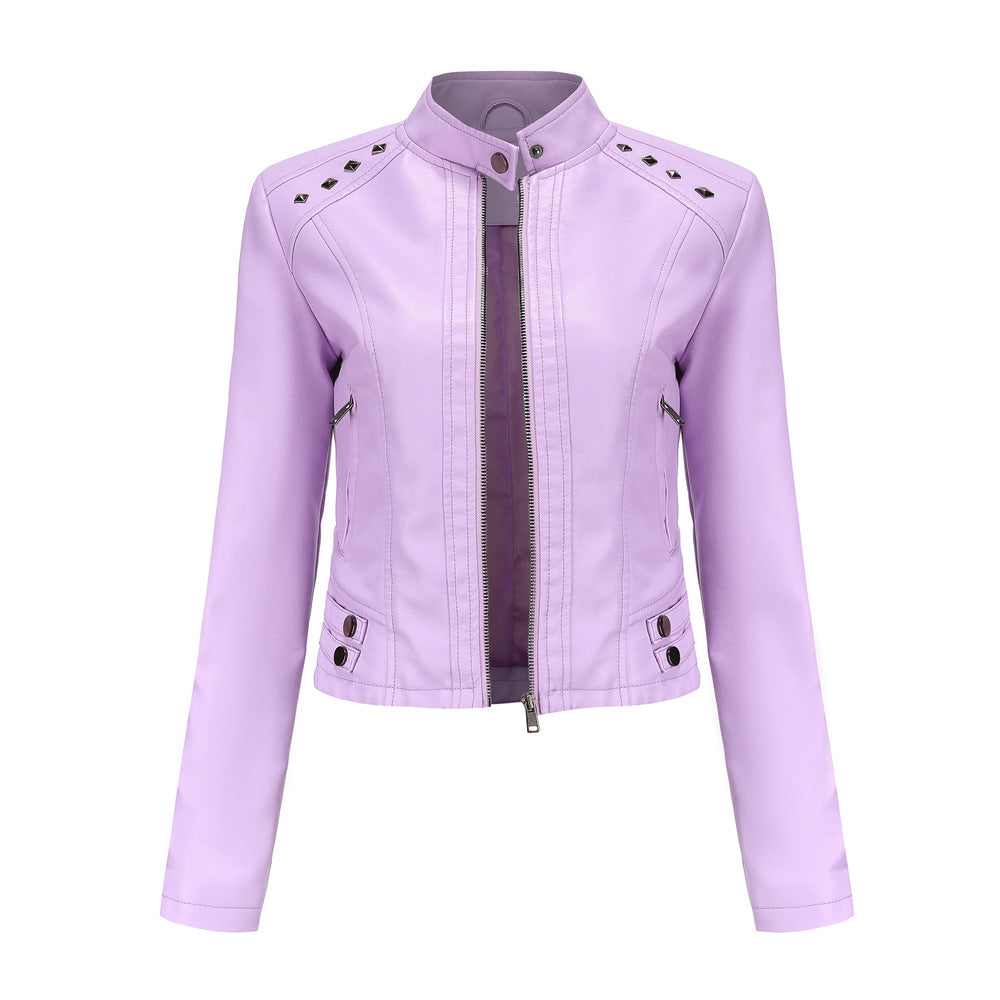 Studded Standing Collar Leather Jacket