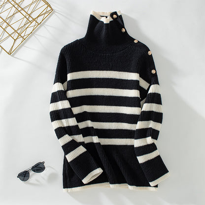 Striped Lapel Button Sweater