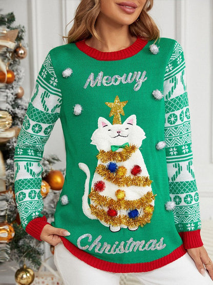 Cartoon Kitten Embroidered Sweater