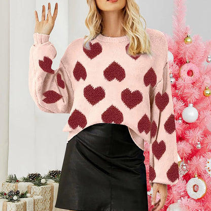 Bubble Sleeve Heart Jacquard Sweater