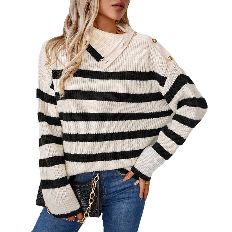 Striped Lapel Button Sweater