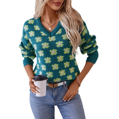 Floral Jacquard V-Neck Sweater