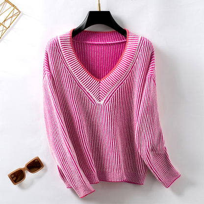 V-Neck Striped Loose Sweater