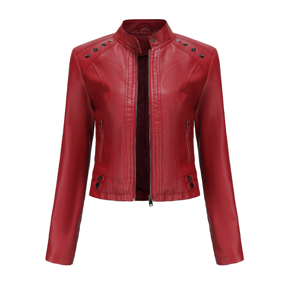 Studded Standing Collar Leather Jacket