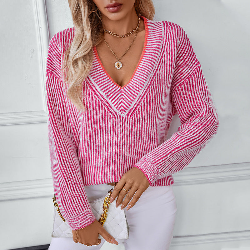 V-Neck Striped Loose Sweater