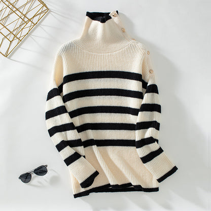 Striped Lapel Button Sweater