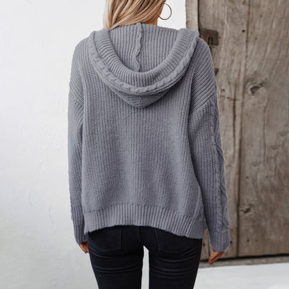 Hooded Drawstring Twist Sweater