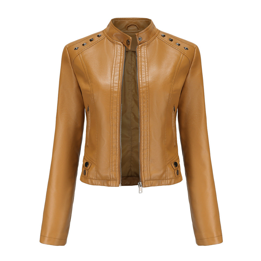 Studded Standing Collar Leather Jacket