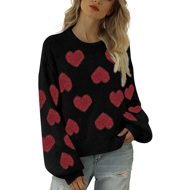 Bubble Sleeve Heart Jacquard Sweater