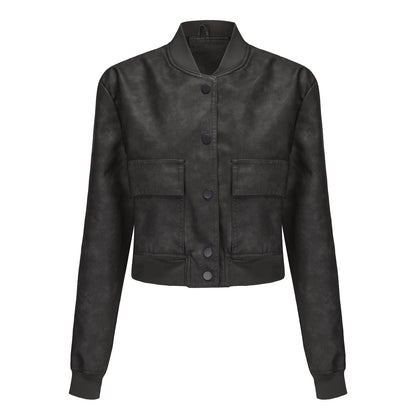 Loose Ribbed Short Leather Jacket