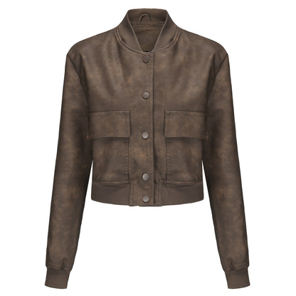 Loose Ribbed Short Leather Jacket