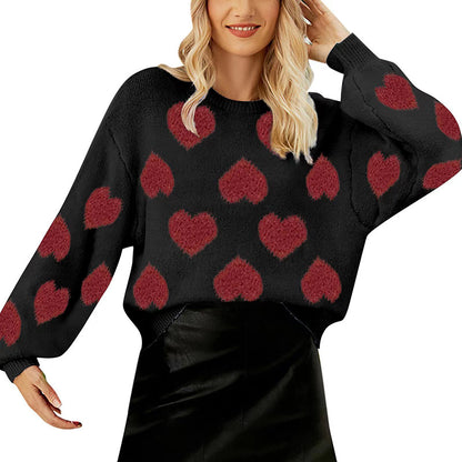 Bubble Sleeve Heart Jacquard Sweater