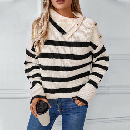 Striped Lapel Button Sweater