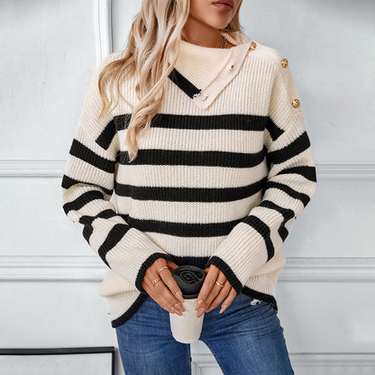 Striped Lapel Button Sweater