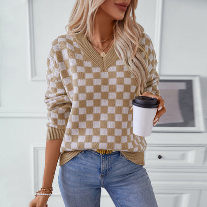 V-Neck Plaid Loose Sweater