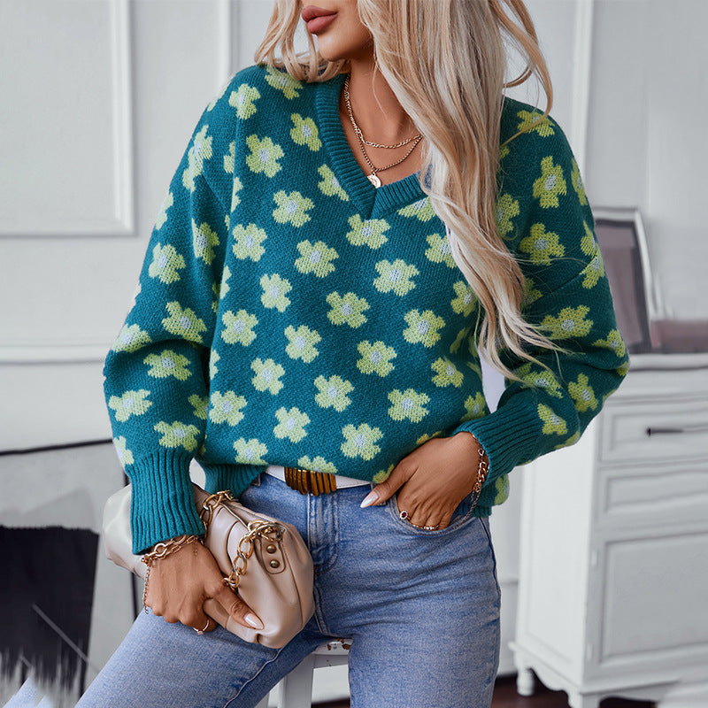 Floral Jacquard V-Neck Sweater