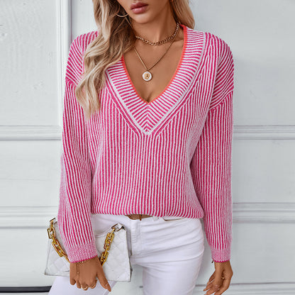 V-Neck Striped Loose Sweater