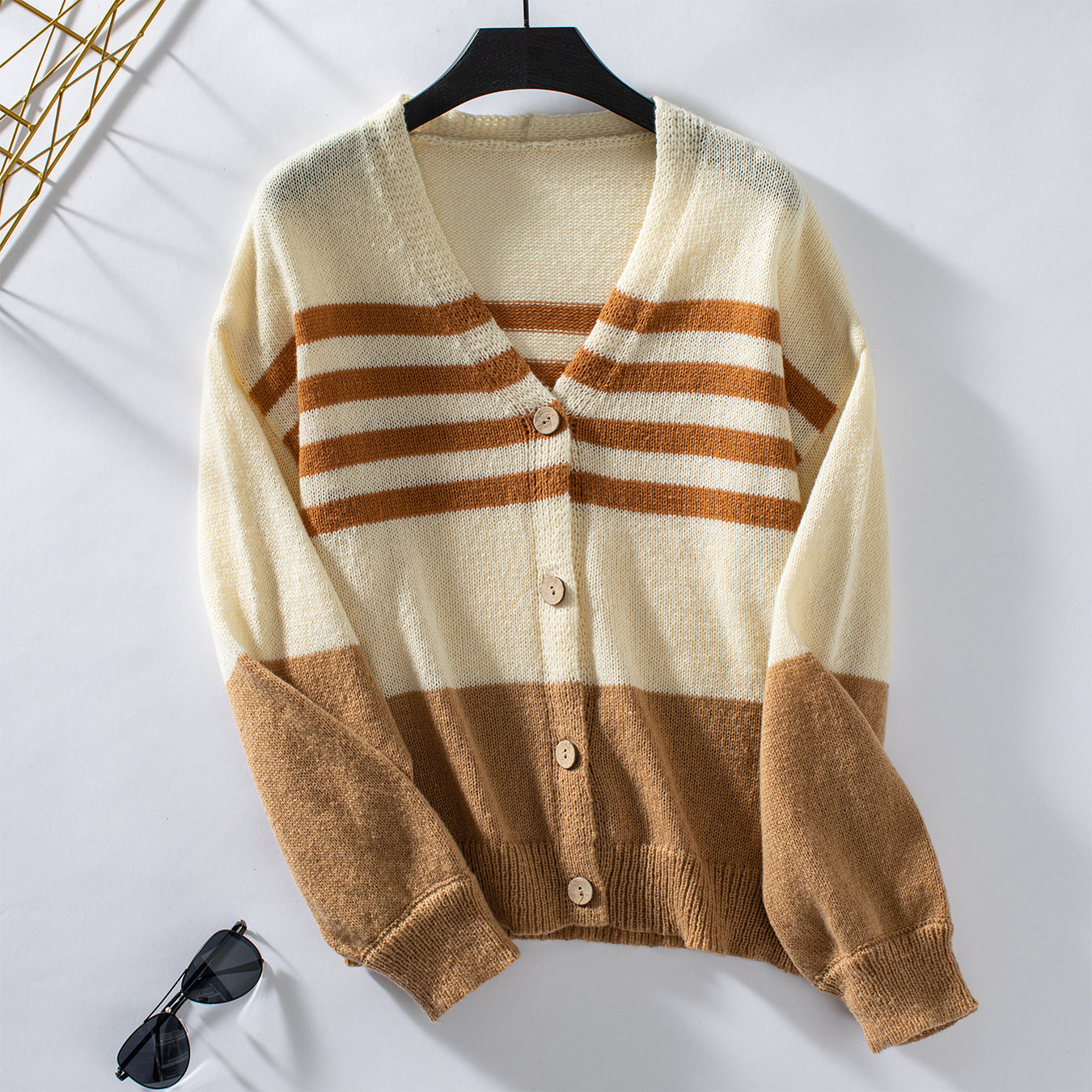 Colorblocked Striped Button Cardigan