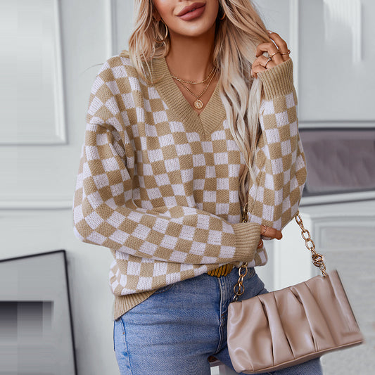 V-Neck Plaid Loose Sweater