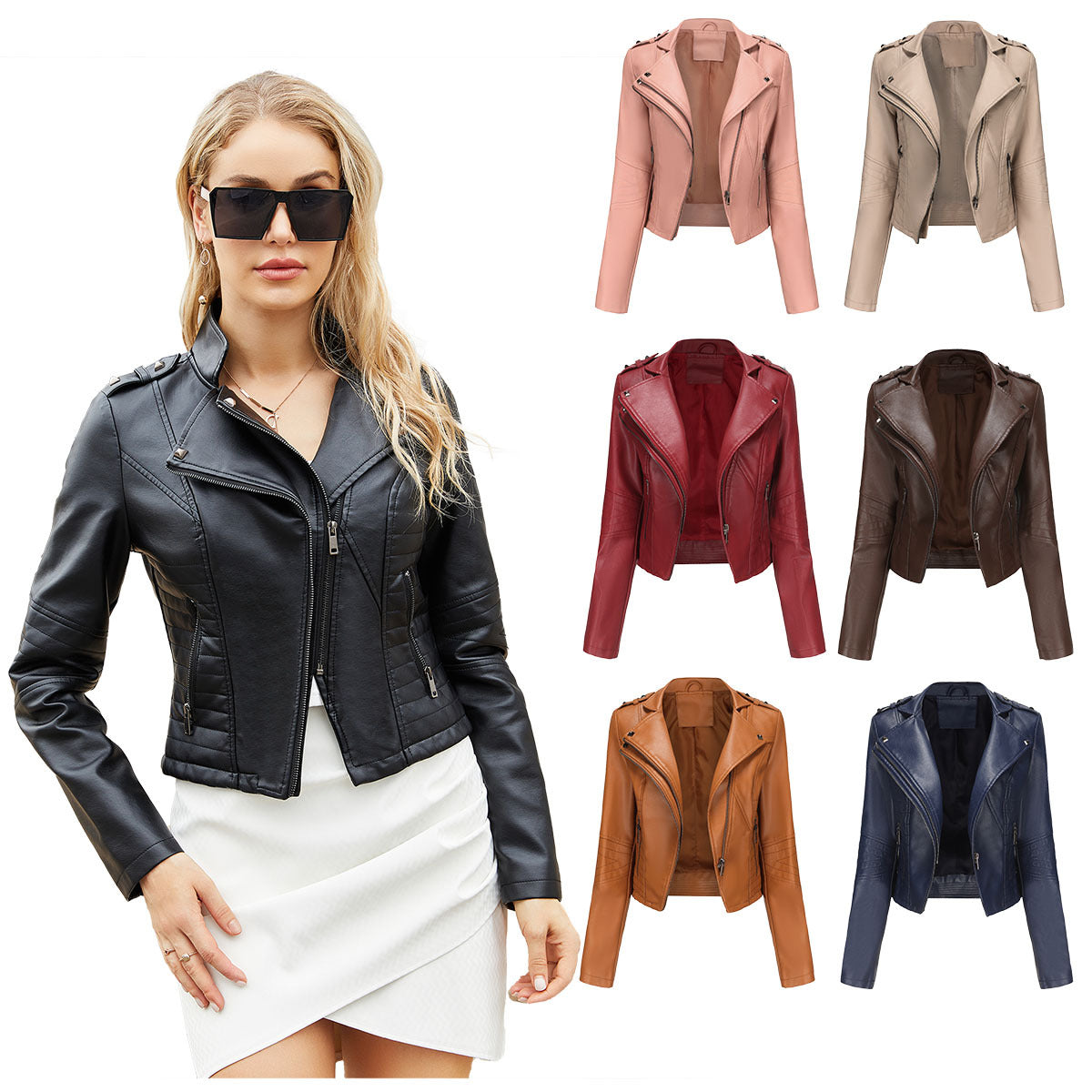 Slim Rivet Zipper Leather Jacket