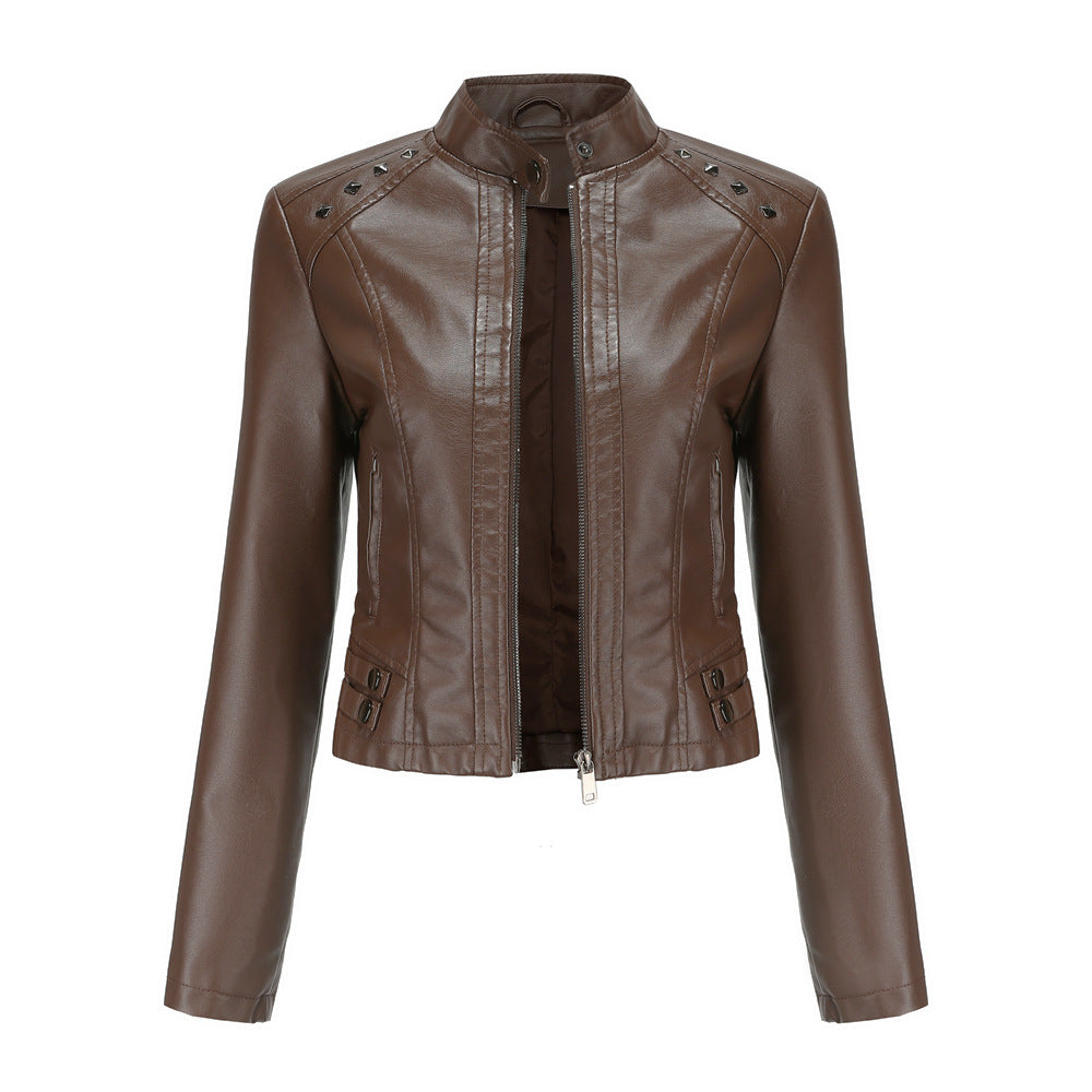 Studded Standing Collar Leather Jacket