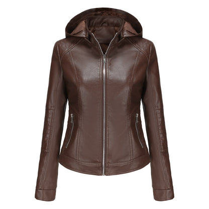 Detachable Hat Windproof Leather Jacket