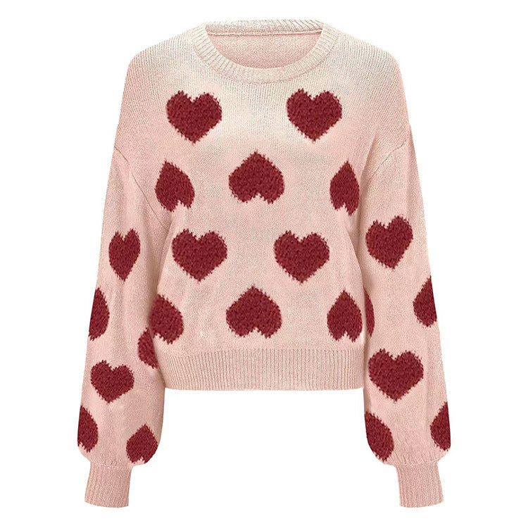 Bubble Sleeve Heart Jacquard Sweater