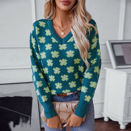 Floral Jacquard V-Neck Sweater