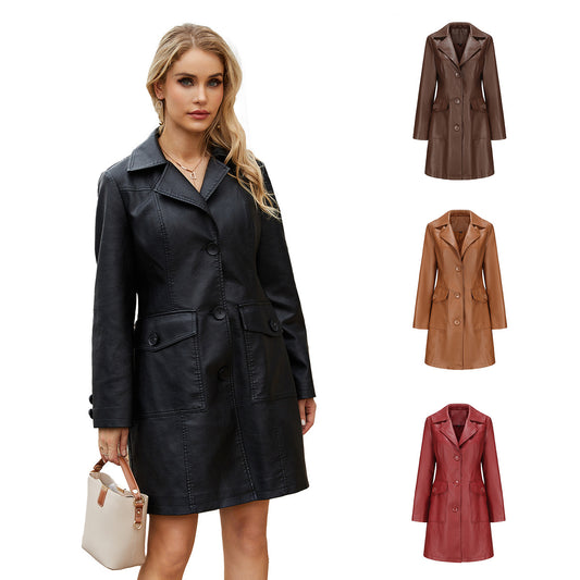 Long Lapel Leather Trench Coat