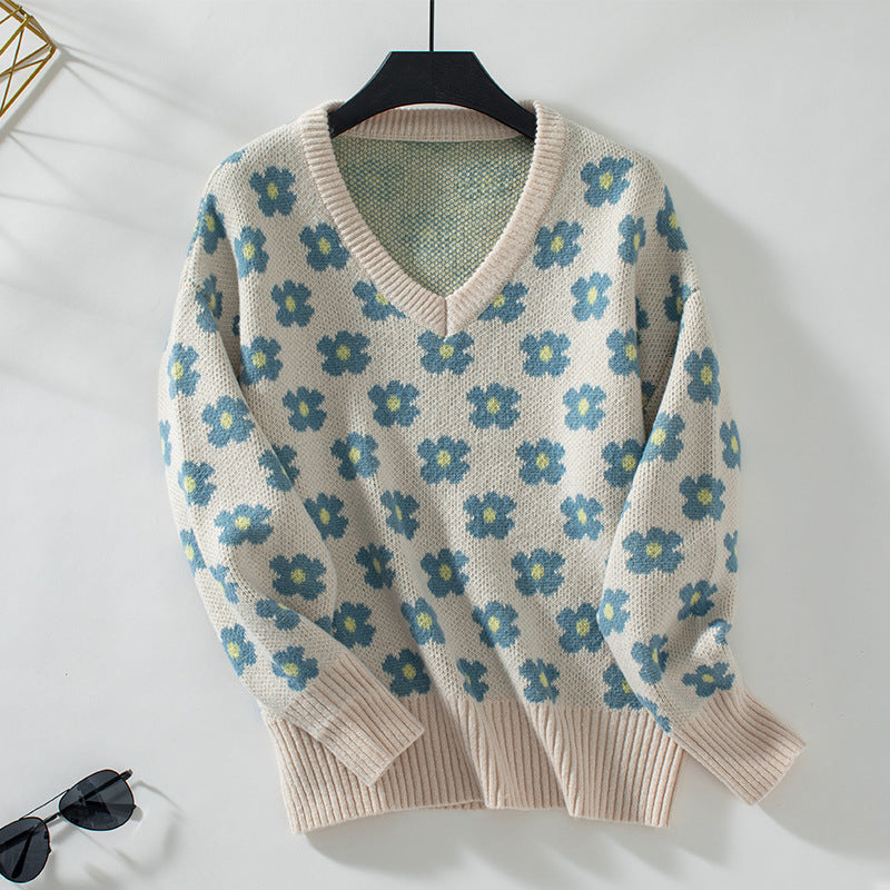 Floral Jacquard V-Neck Sweater