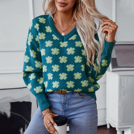 Floral Jacquard V-Neck Sweater