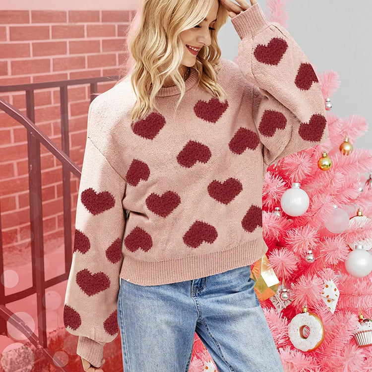 Bubble Sleeve Heart Jacquard Sweater