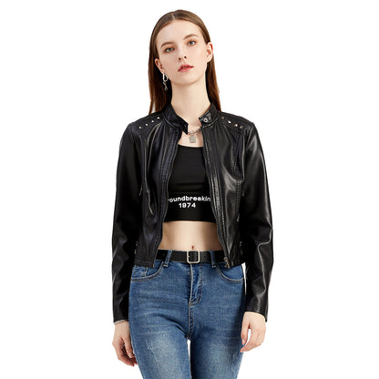 Studded Standing Collar Leather Jacket