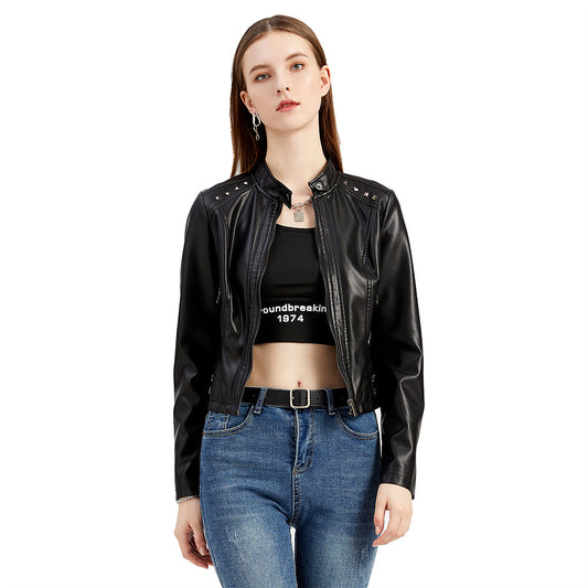 Studded Standing Collar Leather Jacket