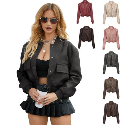 Loose Ribbed Short Leather Jacket