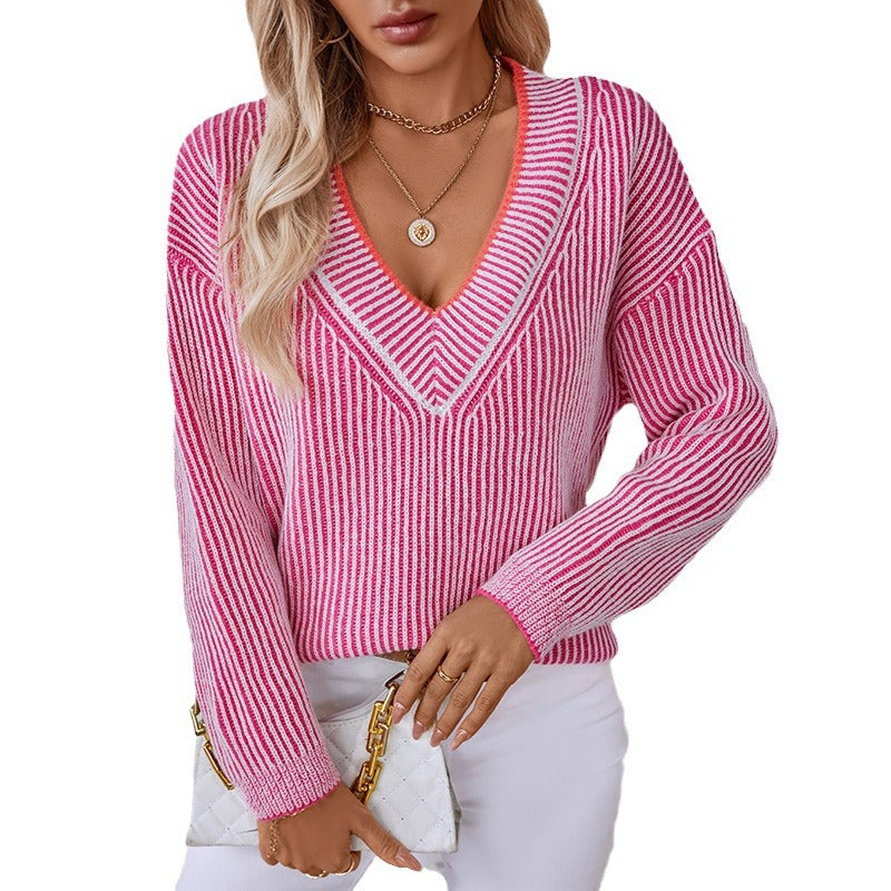 V-Neck Striped Loose Sweater